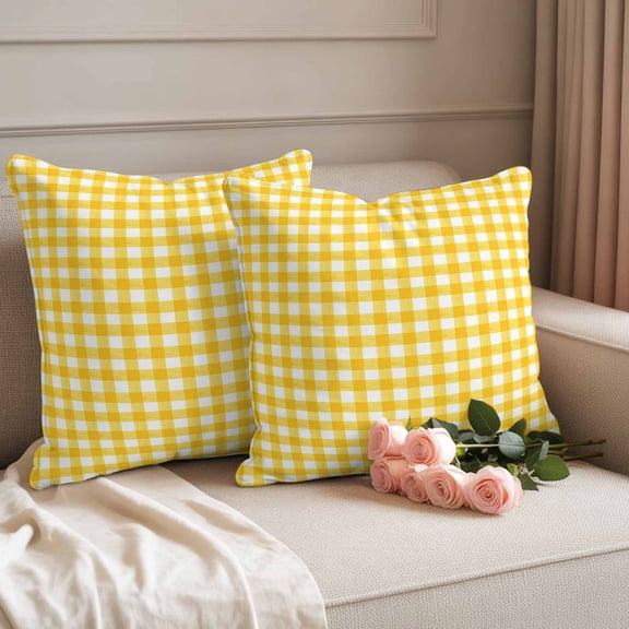 Outdoor Pillow Covers Set of 2, Rustic Minimalist Buffalo Plaid Decorative Throw Pillow Covers 16X16IN, Farmhouse Yellow Gingham Throw Pillows Protector Cushion Case for Patio,Couch,Sofa,Garden