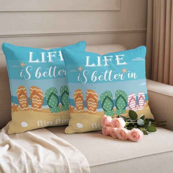 Outdoor Pillow Covers Set of 2, Seaside Beach Slipper Better Life Decorative Throw Pillow Covers 16X16IN, Vacation Starfish Shell Throw Pillows Protector Cushion Case for Patio,Couch,Sofa,Garden