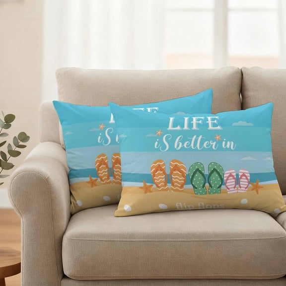 Outdoor Pillow Covers Set of 2, Seaside Beach Slipper Better Life Decorative Throw Pillow Covers 20X12IN, Vacation Starfish Shell Throw Pillows Protector Cushion Case for Patio,Couch,Sofa,Garden
