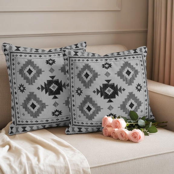 Outdoor Pillow Covers Set of 2, Southwestern Tribal Geometric Decorative Throw Pillow Covers 16X16IN, Retro Aztec Gray Diamond Throw Pillows Protector Cushion Case for Patio,Couch,Sofa,Garden
