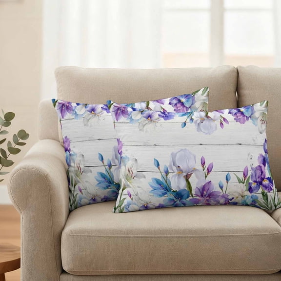Outdoor Pillow Covers Set of 2, Spring Watercolor Iris Lily Flower Decorative Throw Pillow Covers 20X12IN, Floral on Farm Wood Grain Throw Pillows Protector Cushion Case for Patio,Couch,Sofa,Garden