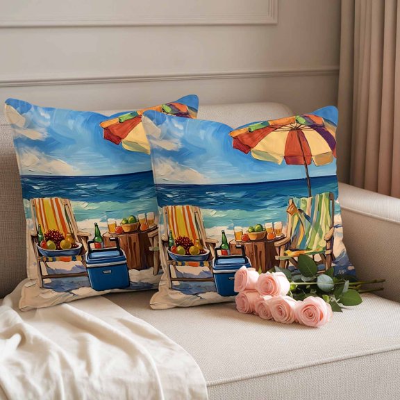Outdoor Pillow Covers Set of 2, Summer Beach Vacation Camping Decorative Throw Pillow Covers 16X16IN, Chair Sun Umbrella Fruit Ocean Throw Pillows Protector Cushion Case for Patio,Couch,Sofa,Garden