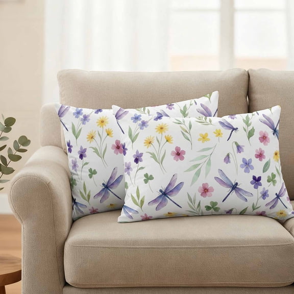 Outdoor Pillow Covers Set of 2, Summer Flower Leaf Dragonfly Decorative Throw Pillow Covers 20X12IN, Boho Country Botanical Throw Pillows Protector Cushion Case for Patio,Couch,Sofa,Garden