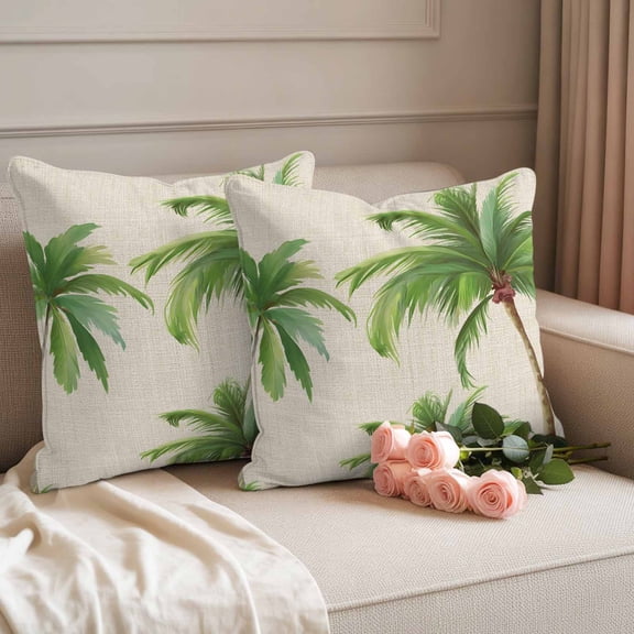 Outdoor Pillow Covers Set of 2, Summer Green Palm Tree Decorative Throw Pillow Covers 16X16IN, Tropical Plant Retro Linen Texture Throw Pillows Protector Cushion Case for Patio,Couch,Sofa,Garden
