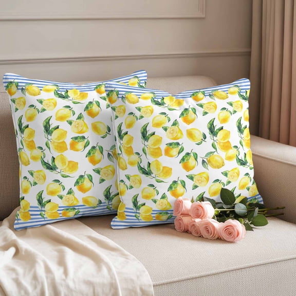 Outdoor Pillow Covers Set of 2, Summer Lemon Blue Stripes Decorative Throw Pillow Covers 18X18IN, Pastoral Green Leaves Throw Pillows Protector Cushion Case for Patio,Couch,Sofa,Garden