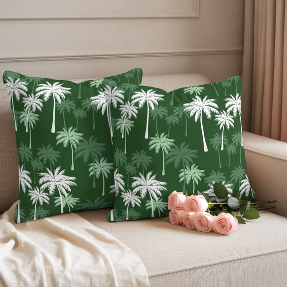 Outdoor Pillow Covers Set of 2, Summer Palm Tree Seamless Decorative Throw Pillow Covers 16X16IN, Tropical Trees on Green Throw Pillows Protector Cushion Case for Patio,Couch,Sofa,Garden