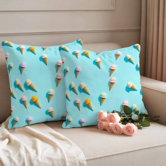 Outdoor Pillow Covers Set of 2, Summer Sweet Dessert on Mint Green Decorative Throw Pillow Covers 16X16IN, Seamless Icy Cream Throw Pillows Protector Cushion Case for Patio,Couch,Sofa,Garden