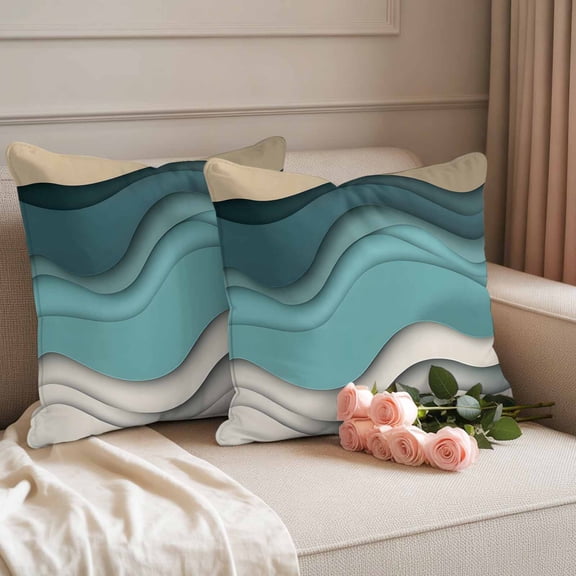 Outdoor Pillow Covers Set of 2, Teal Green Brown Gradient Ocean Waves Decorative Throw Pillow Covers 16X16IN, Abstract Pattern Throw Pillows Protector Cushion Case for Patio,Couch,Sofa,Garden