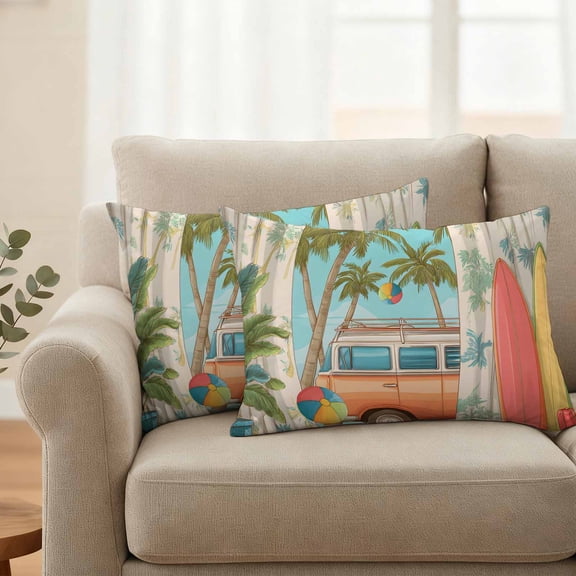 Outdoor Pillow Covers Set of 2, Tropical Beach Vacation Surfboard Decorative Throw Pillow Covers 20X12IN, Coconut Tree Camper Van Throw Pillows Protector Cushion Case for Patio,Couch,Sofa,Garden