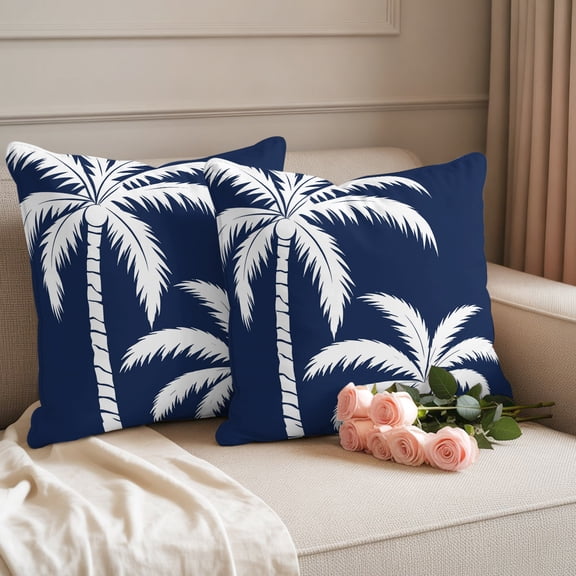 Outdoor Pillow Covers Set of 2, Tropical Coconut Tree Decorative Throw Pillow Covers 18X18IN, Deep Navy Background Throw Pillows Protector Cushion Case for Patio,Couch,Sofa,Garden