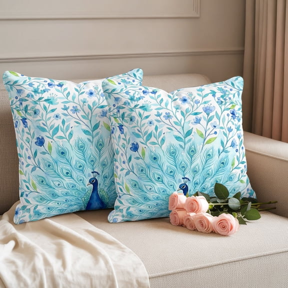 Outdoor Pillow Covers Set of 2, Watercolor Peacock Flower Feather Decorative Throw Pillow Covers 16X16IN, Rustic Floral Animal Art Throw Pillows Protector Cushion Case for Patio,Couch,Sofa,Garden