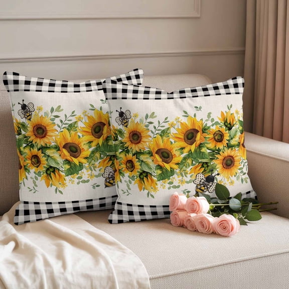 Outdoor Pillow Covers Set of 2, Watercolor Sunflower Bee Green Leaves Decorative Throw Pillow Covers 16X16IN, Black Buffalo Plaid Throw Pillows Protector Cushion Case for Patio,Couch,Sofa,Garden