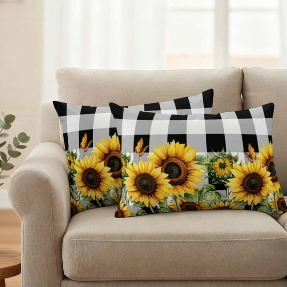 Outdoor Pillow Covers Set of 2, Watercolor Sunflower Bee Green Leaves Decorative Throw Pillow Covers 20X12IN, Black White Checker Throw Pillows Protector Cushion Case for Patio,Couch,Sofa,Garden