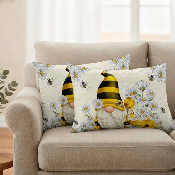 Outdoor Pillow Covers Set of 2, White Daisy Pastoral Gnome Bee Decorative Throw Pillow Covers 20X12IN, Summer Honey Hive Throw Pillows Protector Cushion Case for Patio,Couch,Sofa,Garden