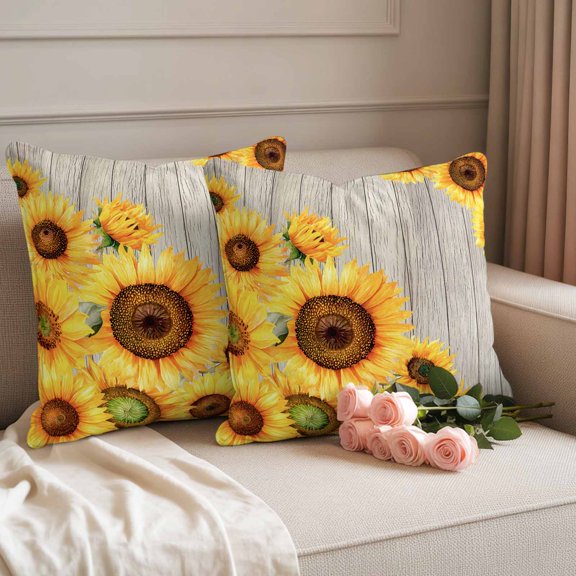 Outdoor Pillow Covers Set of 2, Yellow Sunflower Farmhouse Plank Decorative Throw Pillow Covers 18X18IN, Summer Country Blossom Throw Pillows Protector Cushion Case for Patio,Couch,Sofa,Garden