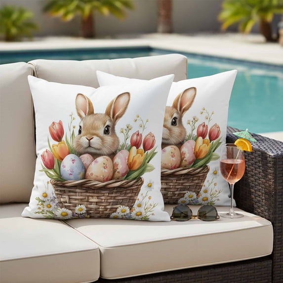 Outdoor Pillow Covers Spring Easter Egg Bunny on White Waterproof Pillow Cases 24x24 Set of 2, Colorful Flower Leaf Throw Pillow Cover Pillowcase for Patio Balcony Couch Garden