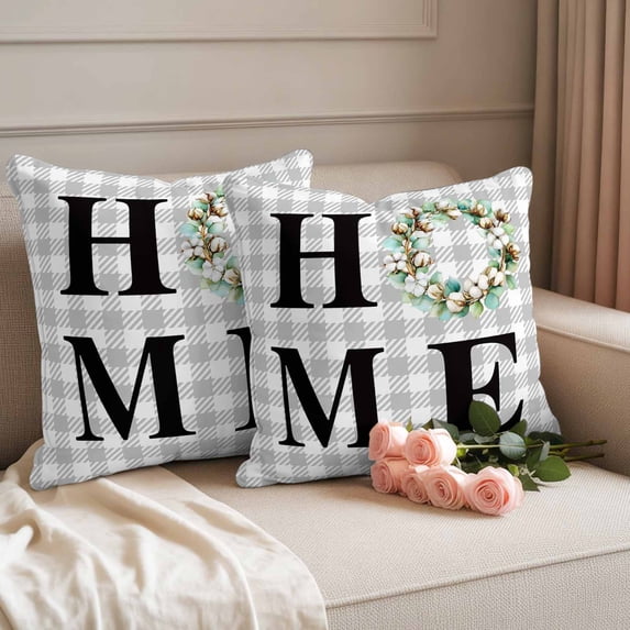 Outdoor Pillow Covers Spring Eucalyptus Leaf Wreath Home Quote Gray Plaid Waterproof Pillow Cases 16x16 Set of 2, Farm Cotton Leaves Throw Pillow Cover Pillowcase for Patio Balcony Couch Garden