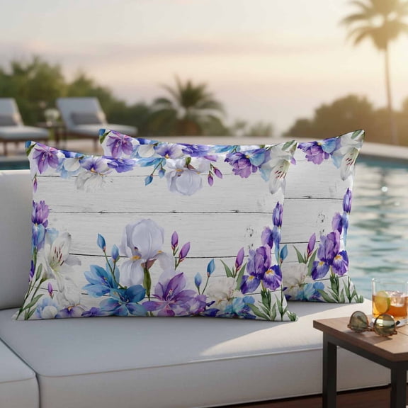 Outdoor Pillow Covers,Spring Watercolor Iris Lily Flower Decorative Throw Pillow Cover Waterproof Pillowcase Set of 2,Linen Cushion Case for Sofa Couch Bed 20x12 Inch,Floral on Farm Wood Grain
