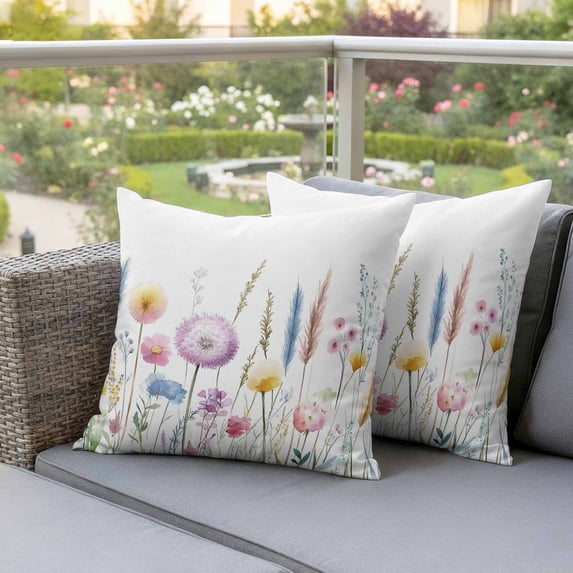 Outdoor Pillow Covers Spring Wildflower Watercolor Floral Waterproof Pillow Cases 20x20 Set of 2, Pastoral Garden Flower Art Throw Pillow Cover Pillowcase for Patio Balcony Couch Garden