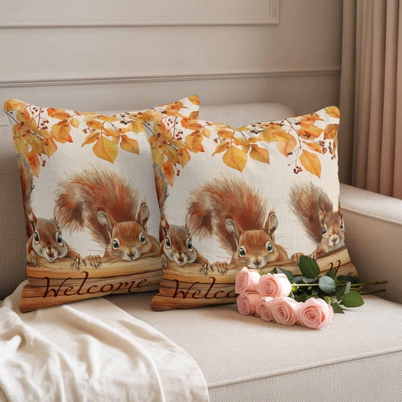 Outdoor Pillow Covers Squirrel Autumn Tree Deciduous Farm Animal Waterproof Pillow Cases 18x18 Set of 2, Vintage Wood Board Throw Pillow Cover Pillowcase for Patio Balcony Couch Garden