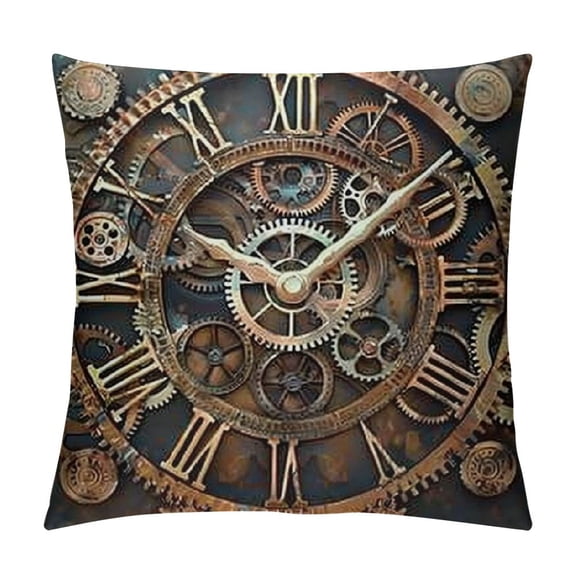 Outdoor Pillow Covers Steampunk, Rusty Steampunk Clock Retro Gears Home Decorative Throw Pillow Case Cushion Cover for Men/Woman/Bed/Sofa/Office/Car Pillow Covers, Gold Bronze