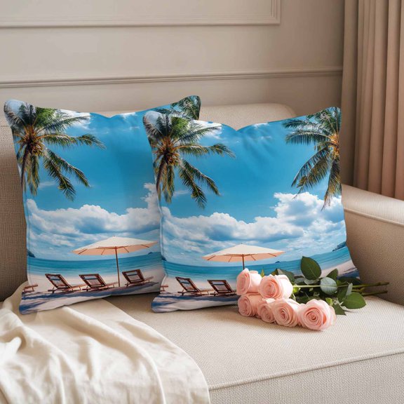 Outdoor Pillow Covers Summer Coconut Trees Beach Vacation Waterproof Pillow Cases 16x16 Set of 2, Blue Sea Throw Pillow Cover Pillowcase for Patio Balcony Couch Garden