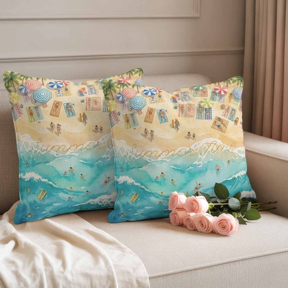 Outdoor Pillow Covers Summer Time Beach Vacation Waterproof Pillow Cases 18x18 Set of 2, Watercolor Tropical Ocean Throw Pillow Cover Pillowcase for Patio Balcony Couch Garden