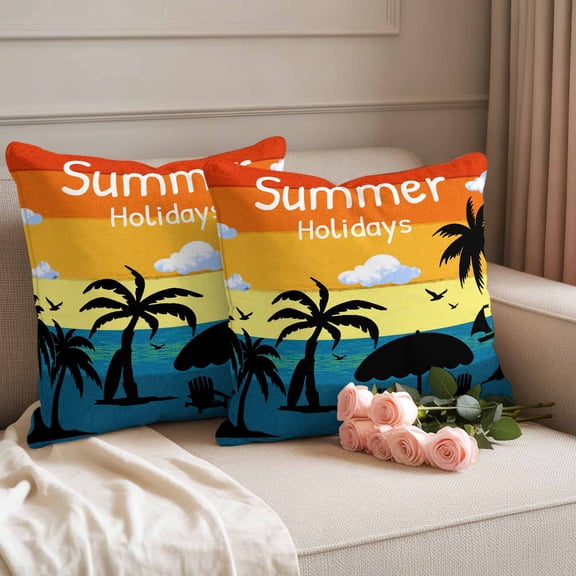 Outdoor Pillow Covers Summer Watercolor Seaside Palm Trees Seagull Waterproof Pillow Cases 18x18 Set of 2, Seasonal Vacation Throw Pillow Cover Pillowcase for Patio Balcony Couch Garden