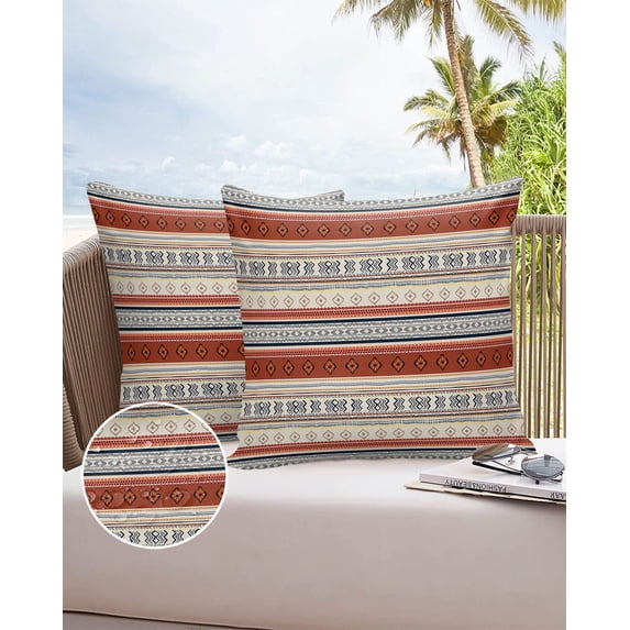 Outdoor Pillow Covers Throws Boho Ethnic Traditional Folk Art,Waterproof Pillow Cases Pack of 2 Geometric Abstract Lines,Durable Cushion Cover Pillowcase for Patio Balcony Couch Garden