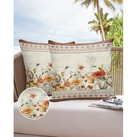 Outdoor Pillow Covers Throws Fall Retro Mushroom Plant Ethnic Style,Waterproof Pillow Cases Pack of 2 Vintage American Farm,Durable Cushion Cover Pillowcase for Patio Balcony Couch Garden