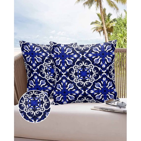 Outdoor Pillow Covers Throws Geometric Abstract Flower Artwork,Waterproof Pillow Cases Pack of 2 Boho Blue Floral Line Art,Durable Cushion Cover Pillowcase for Patio Balcony Couch Garden
