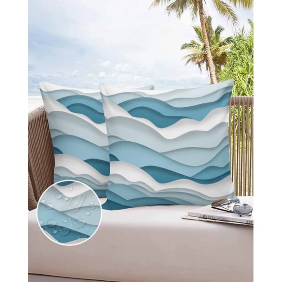 Outdoor Pillow Covers Throws Gradient Ocean Sea Waves,Waterproof Pillow Cases Pack of 2 Coastal Blue White Wave,Durable Cushion Cover Pillowcase for Patio Balcony Couch Garden