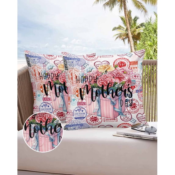 Outdoor Pillow Covers Throws Happy Mother's Day Pink Floral Gift,Waterproof Pillow Cases Pack of 2 Vintage Love Heart Postmark,Durable Cushion Cover Pillowcase for Patio Balcony Couch Garden