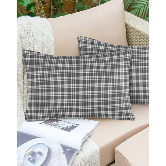 Outdoor Pillow Covers Throws Minimalist Black and Gray Check,Waterproof Pillow Cases Pack of 2 Geometric Lines Plaid,Durable Cushion Cover Pillowcase for Patio Balcony Couch Garden