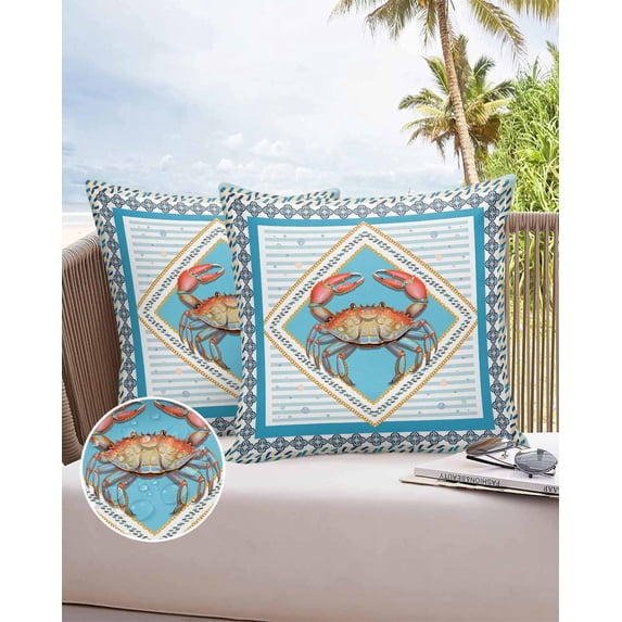 Outdoor Pillow Covers Throws Ocean Sea Animal Red Crab,Waterproof Pillow Cases Pack of 2 Blue Bubble Stripes in Floral Frame,Durable Cushion Cover Pillowcase for Patio Balcony Couch Garden