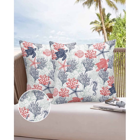 Outdoor Pillow Covers Throws Ocean Sea Turtle Starfish Coral,Waterproof Pillow Cases Pack of 2 Summer Watercolor Marine Life,Durable Cushion Cover Pillowcase for Patio Balcony Couch Garden