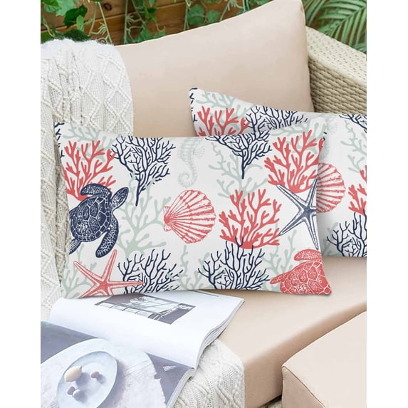 Outdoor Pillow Covers Throws Ocean Sea Turtle Starfish Coral,Waterproof Pillow Cases Pack of 2 Summer Watercolor Marine Life,Durable Cushion Cover Pillowcase for Patio Balcony Couch Garden