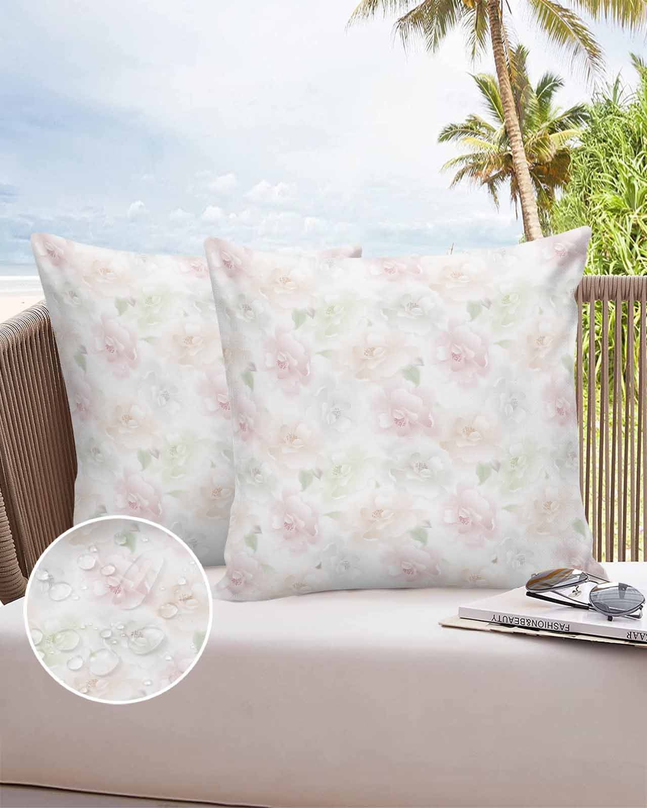 Outdoor Pillow Covers Throws Pastoral Pink Roses White Floral Plant