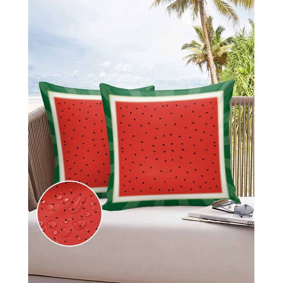 Outdoor Pillow Covers Throws Summer Fruit Watermelon Seeds on Red,Waterproof Pillow Cases Pack of 2 Green Stripe Border,Durable Cushion Cover Pillowcase for Patio Balcony Couch Garden