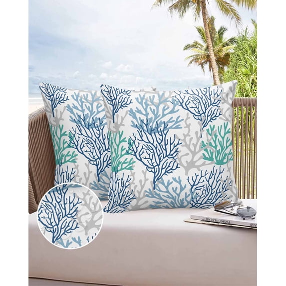 Outdoor Pillow Covers Throws Summer Ocean Blue Gray Teal Coral,Waterproof Pillow Cases Pack of 2 Coastal Sealife on White,Durable Cushion Cover Pillowcase for Patio Balcony Couch Garden