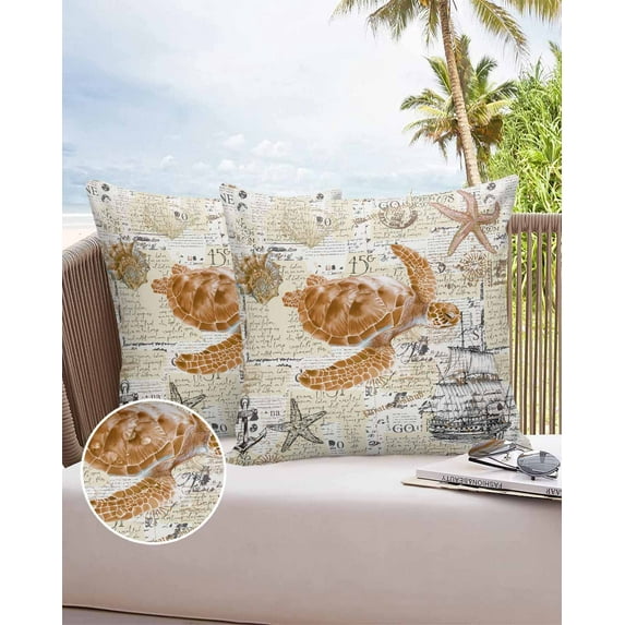 Outdoor Pillow Covers Throws Summer Vintage Ocean Turtle Starfish,Waterproof Pillow Cases Pack of 2 Nautical Sailing Ship on Letter,Durable Cushion Cover Pillowcase for Patio Balcony Couch Garden