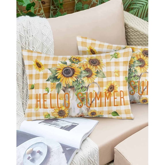 Outdoor Pillow Covers Throws Watercolor Floral Bouquets in Vase,Waterproof Pillow Cases Pack of 2 Sunflower on Yellow White Plaid,Durable Cushion Cover Pillowcase for Patio Balcony Couch Garden