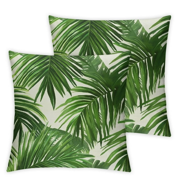 Outdoor Pillow Covers Tropical, Soft Green Palm Leaves Print Throw Pillows Cover Decorative Square Cushion Cases for Home Sofa Couch Living Room Decor Set of 2