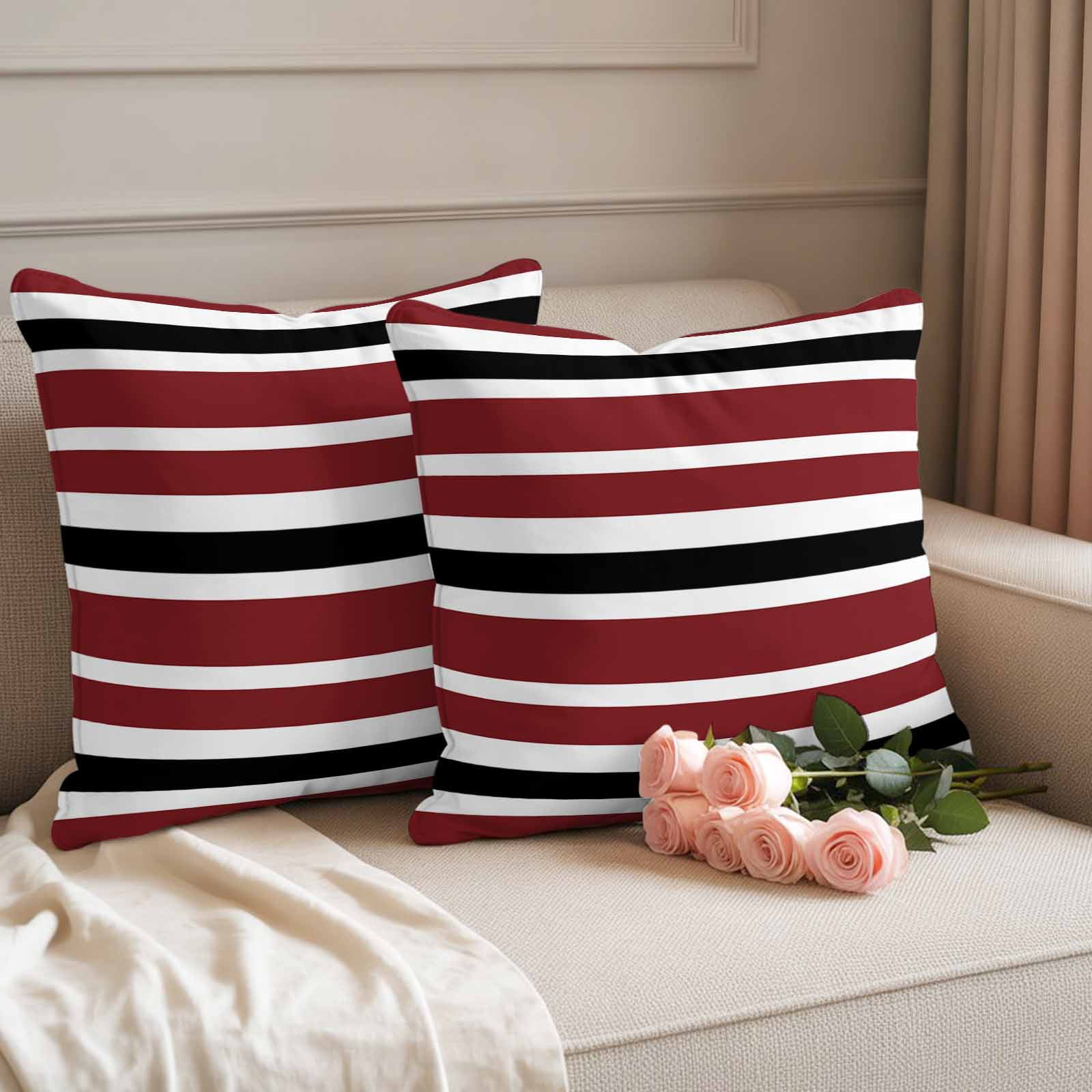 Outdoor Pillow Covers Vintage Burgundy Red Black White Stripes Waterproof Pillow Cases 18x18 Set of 2, Minimalist Line Throw Pillow Cover Pillowcase for Patio Balcony Couch Garden