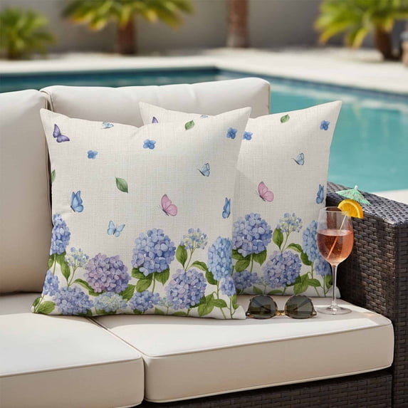 Outdoor Pillow Covers Vintage Farmhouses Purple Flowers Waterproof Pillow Cases 24x24 Set of 2, Butterfly on Linen Throw Pillow Cover Pillowcase for Patio Balcony Couch Garden