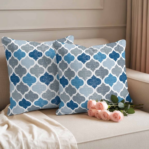 Outdoor Pillow Covers Vintage Moroccan Geometric Lattice Waterproof Pillow Cases 18x18 Set of 2, Blue Grey Geometry Art Throw Pillow Cover Pillowcase for Patio Balcony Couch Garden
