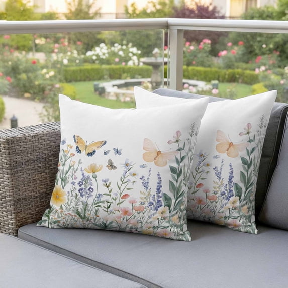 Outdoor Pillow Covers Watercolor Flower Daisy Butterfly Waterproof Pillow Cases 20x20 Set of 2, Spring Floral Leaves Throw Pillow Cover Pillowcase for Patio Balcony Couch Garden