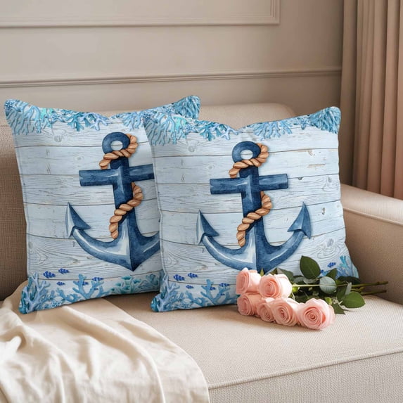 Outdoor Pillow Covers Watercolor Nautical Anchor Coral Waterproof Pillow Cases 18x18 Set of 2, Ocean Theme on Farm Wood Throw Pillow Cover Pillowcase for Patio Balcony Couch Garden