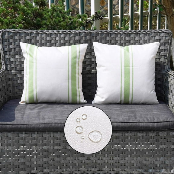 Outdoor Pillow Covers Waterproof 18x18 Set of 2 Decorative Linen Throw Pillow Cover Beige and Green Striped Outdoor Pillows for Patio Furniture