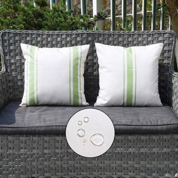 Outdoor Pillow Covers Waterproof 18x18 Set of 2 Decorative Linen Throw Pillow Cover Beige and Green Striped Outdoor Pillows for Patio Furniture